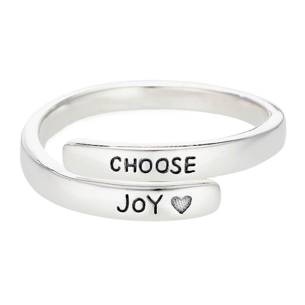 Sterling silver wraparound ring that reads choose joy