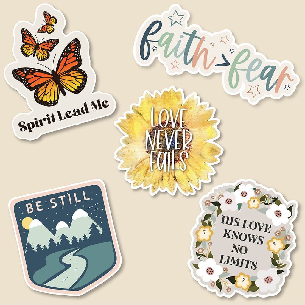 Premium Christian stickers with a fall theme including be still, spirit lead me, and love never fails
