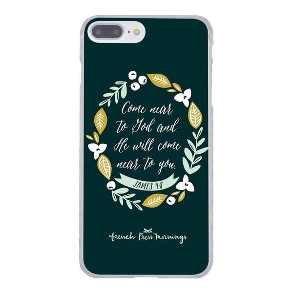 Christian iPhone case with floral wreath around the verse of James 4:8 