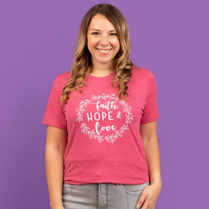 Size medium model wearing our uplifting women's Christian t-shirt