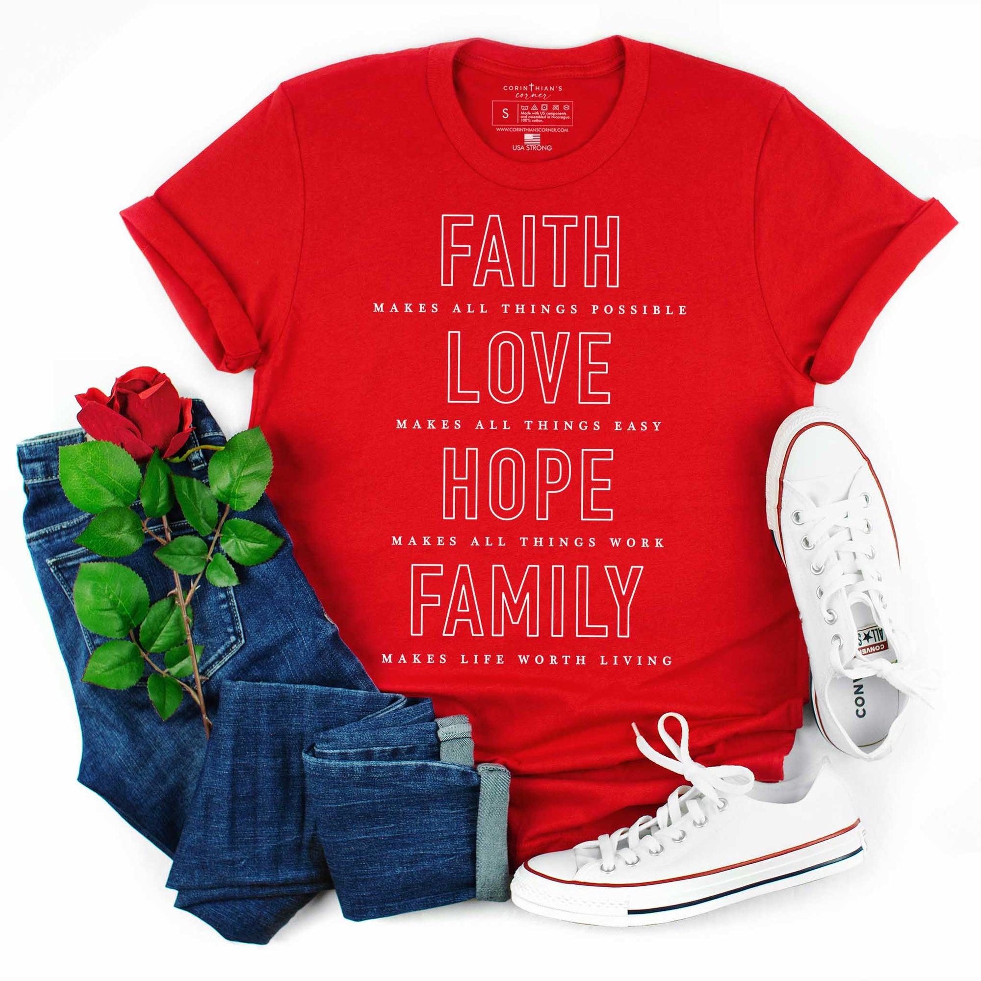 Bright red Christian shirt that boldly reads faith love hope and family