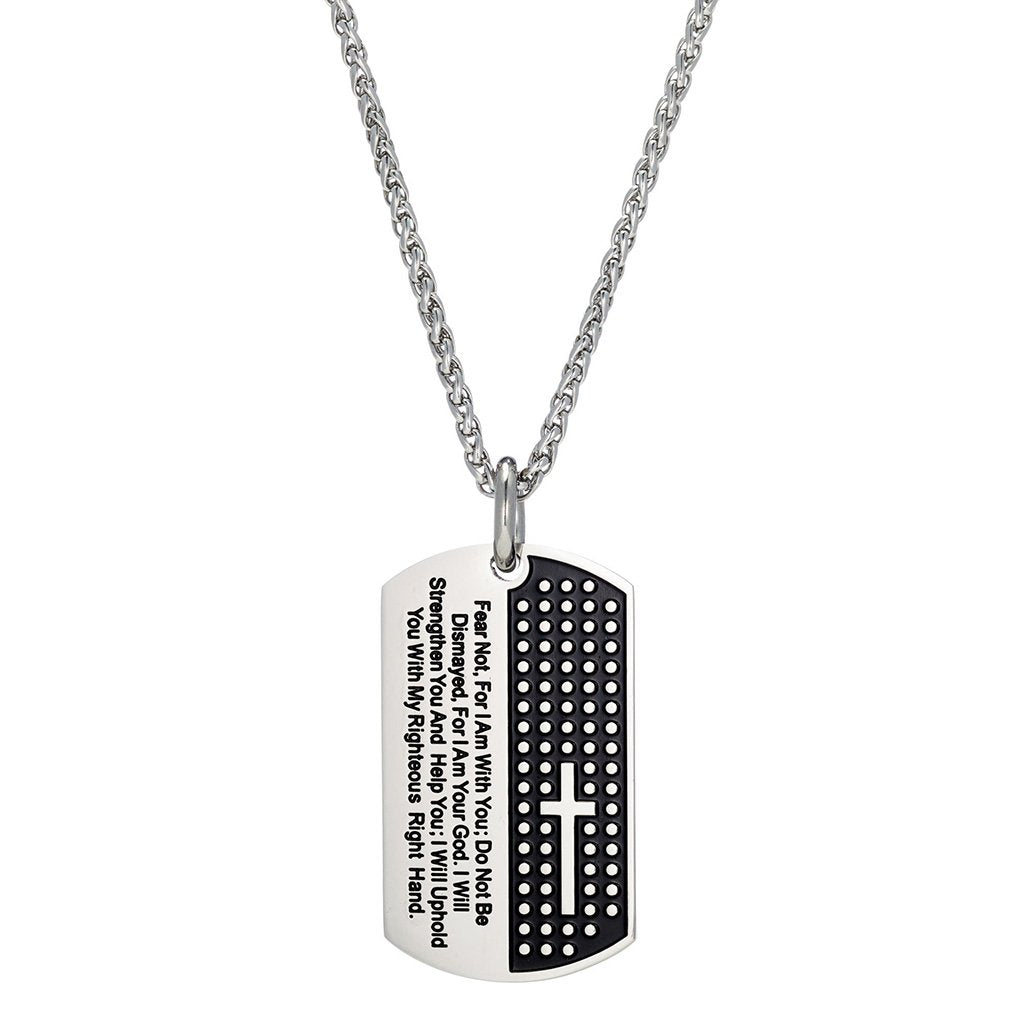 Silver and black dog tag necklace with a cross design and the "fear not' prayer