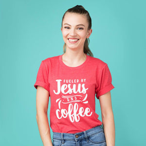 Extra small model wearing our red Jesus and coffee shirt