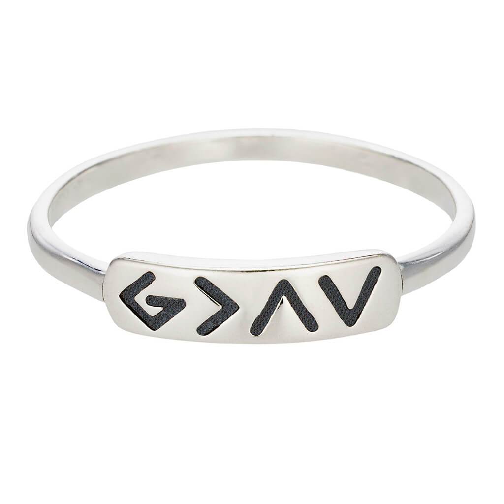 Christian ring with 4 icons symbolizing God is greater than the highs and lows