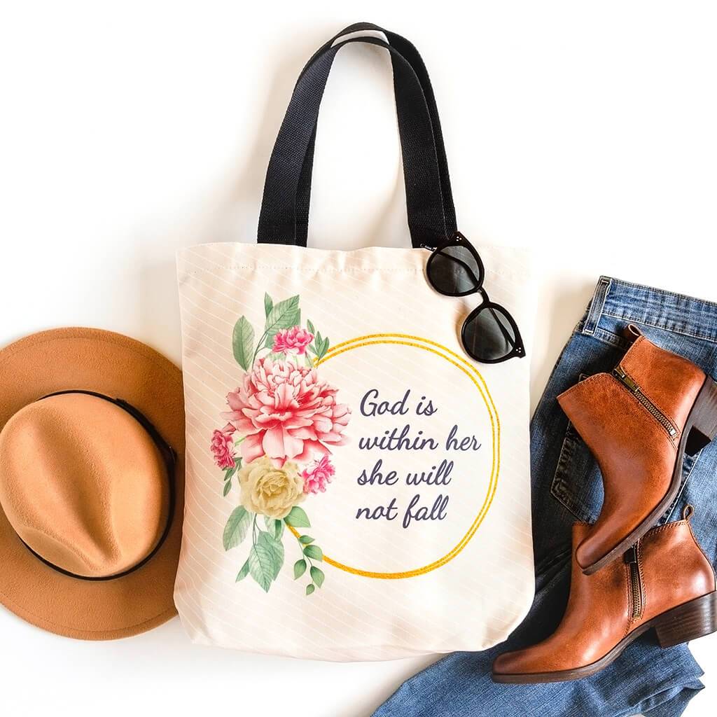 Light tan Christian tote bag with passage from the book of Psalm