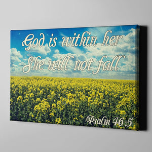 Christian wall art showing a field of flowers and the inspiring verse of Psalm 46:5