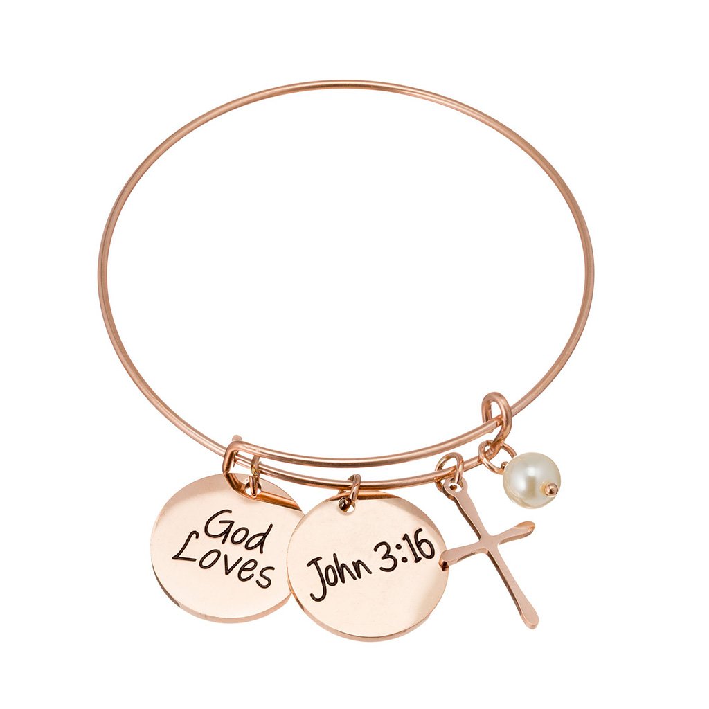 Rose gold bracelet with cross, pearl, and "God Loves" charms