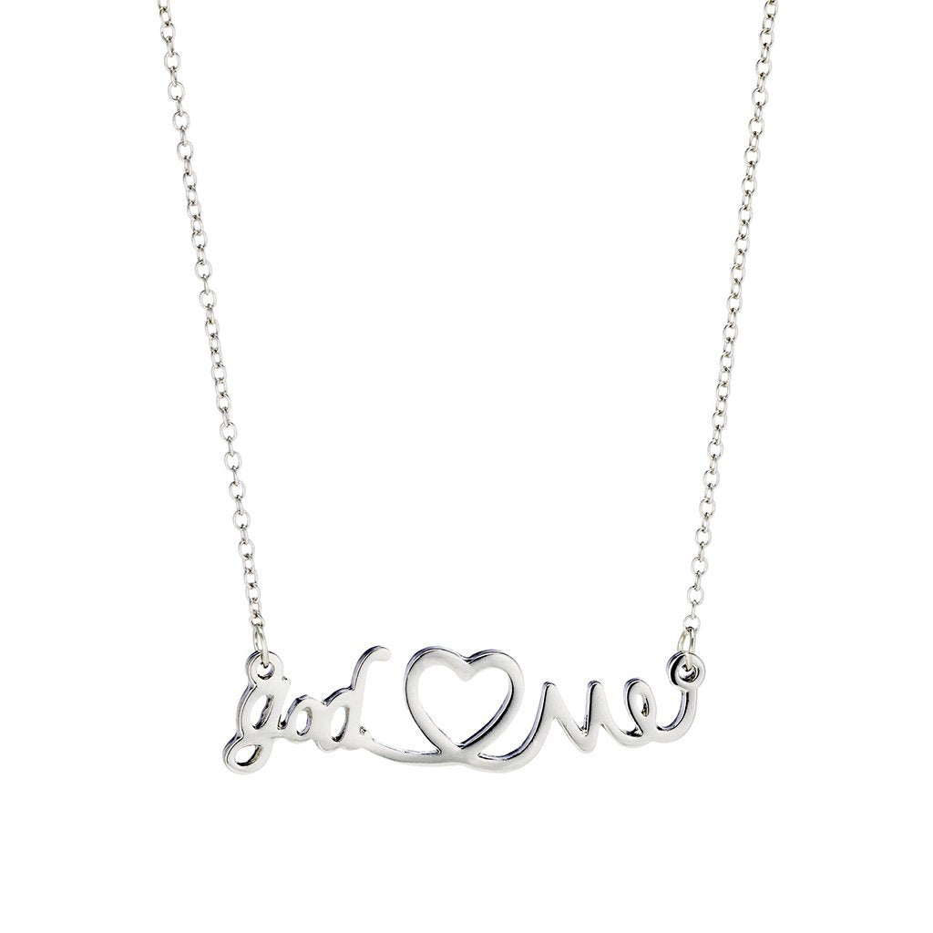 Silver necklace that reads "God loves me" in cursive