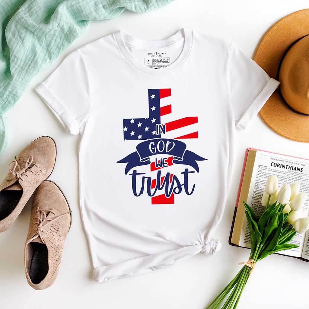 Red white and blue t-shirt with a patriotic cross emblem