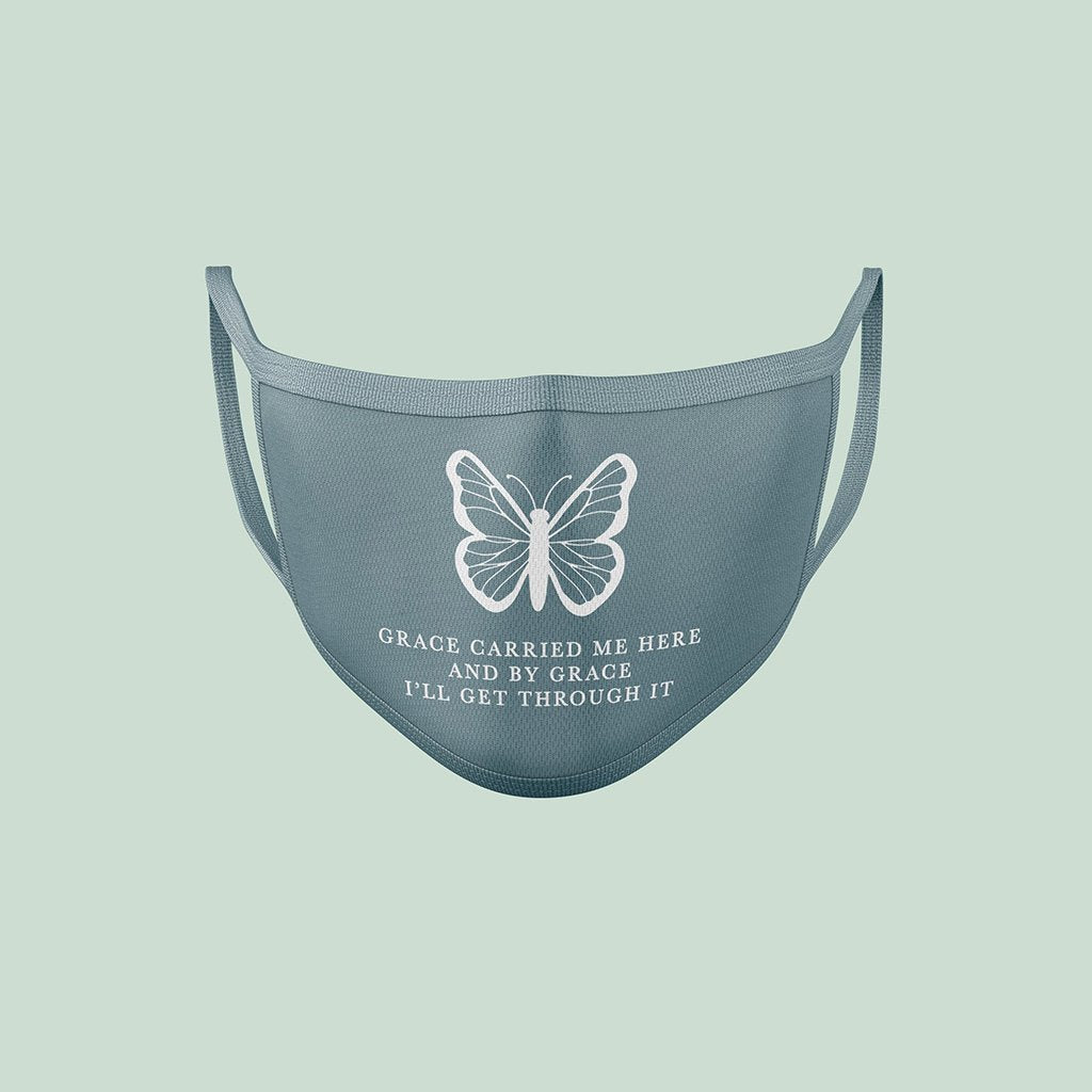 Washable blue cloth mask with a butterfly and a message of grace