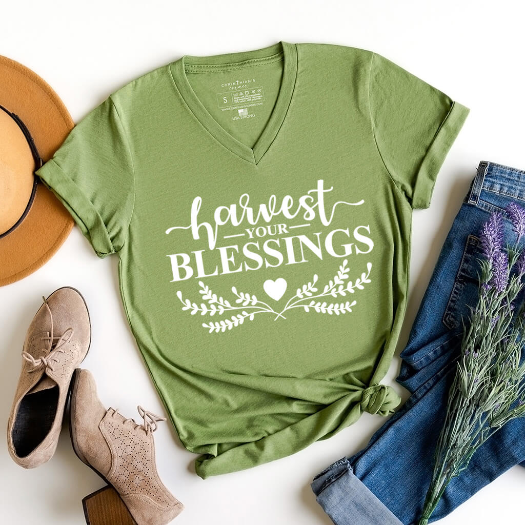 Fall shirt for Christian women that reads harvest your blessings