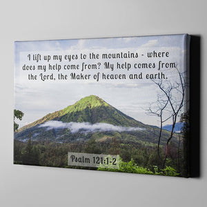 Closeup of premium gallery wrap with Psalm 121:1-2 and inspiring nature shot