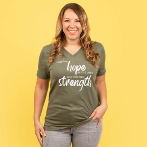 Size medium model wearing a hope in the Lord v-neck shirt