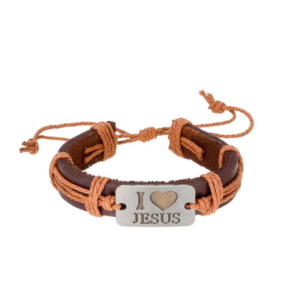 Brown leather bracelet with metal plate that reads "I love Jesus"