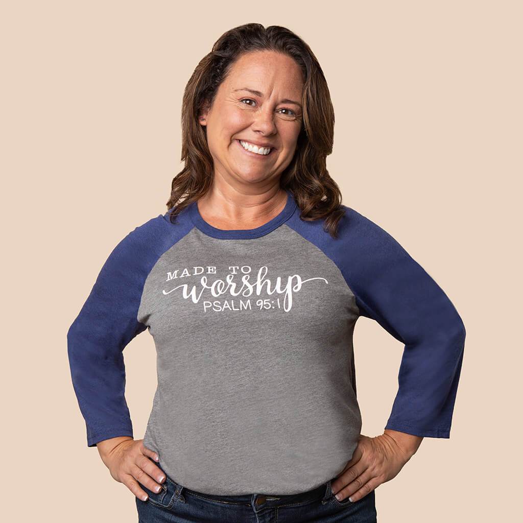 Made to worship 3/4 sleeve shirt on happy Christian woman