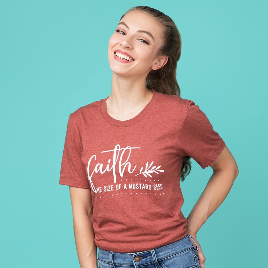 "Faith the size of a mustard seed" design printed on a fall themed short sleeve t-shirt