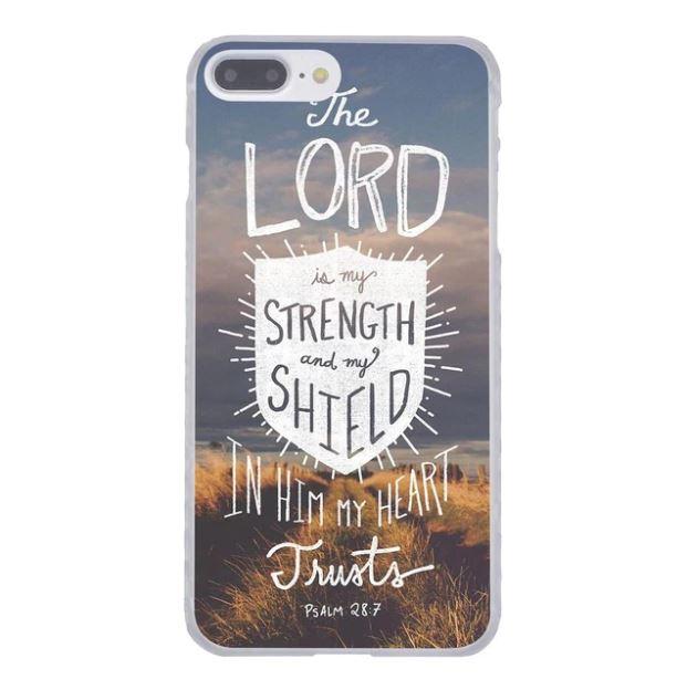 iPhone case with a shield design and "the Lord is my strength" Biblical scripture from Psalm 28:7