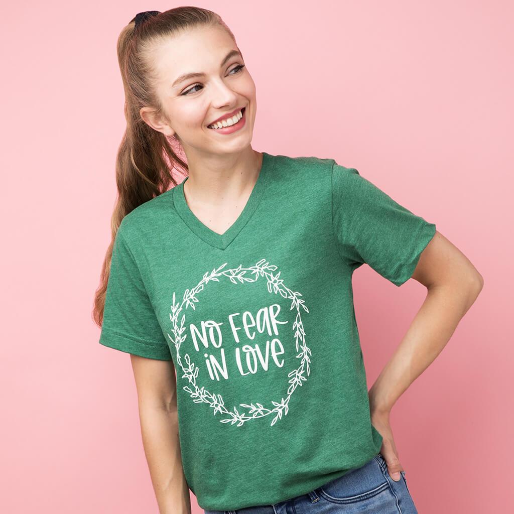 Green spring v-neck with no fear in love floral print