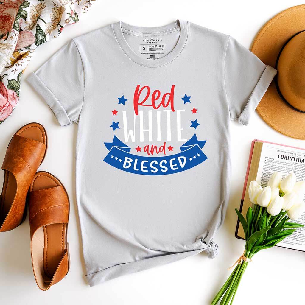 Light grey shirt that reads red white and blessed for Independence Day