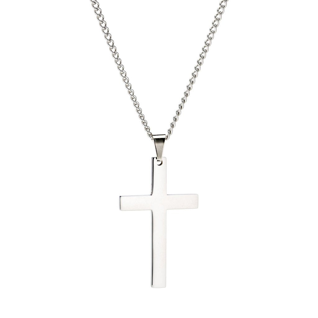 Stainless steel silver cross necklace hanging against a plain white background