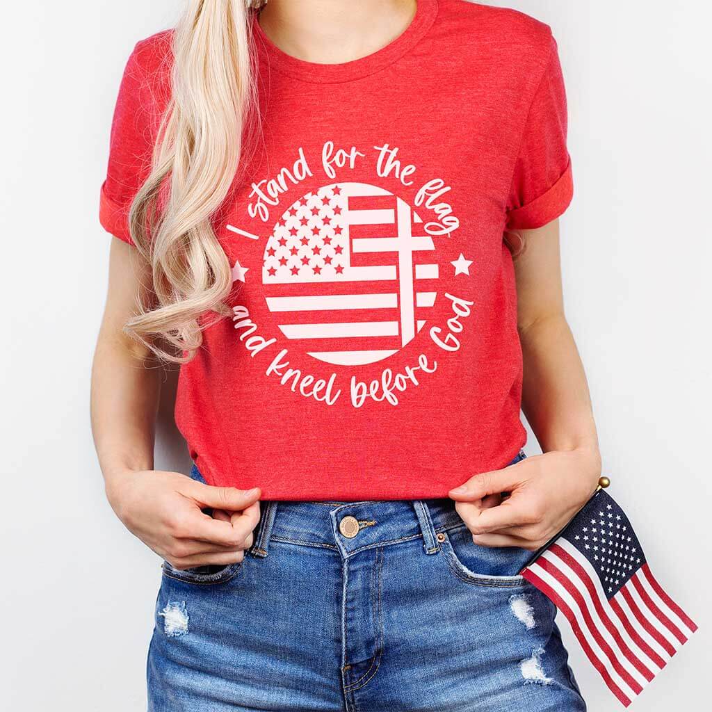 Woman celebrating Independence Day in red Christian shirt