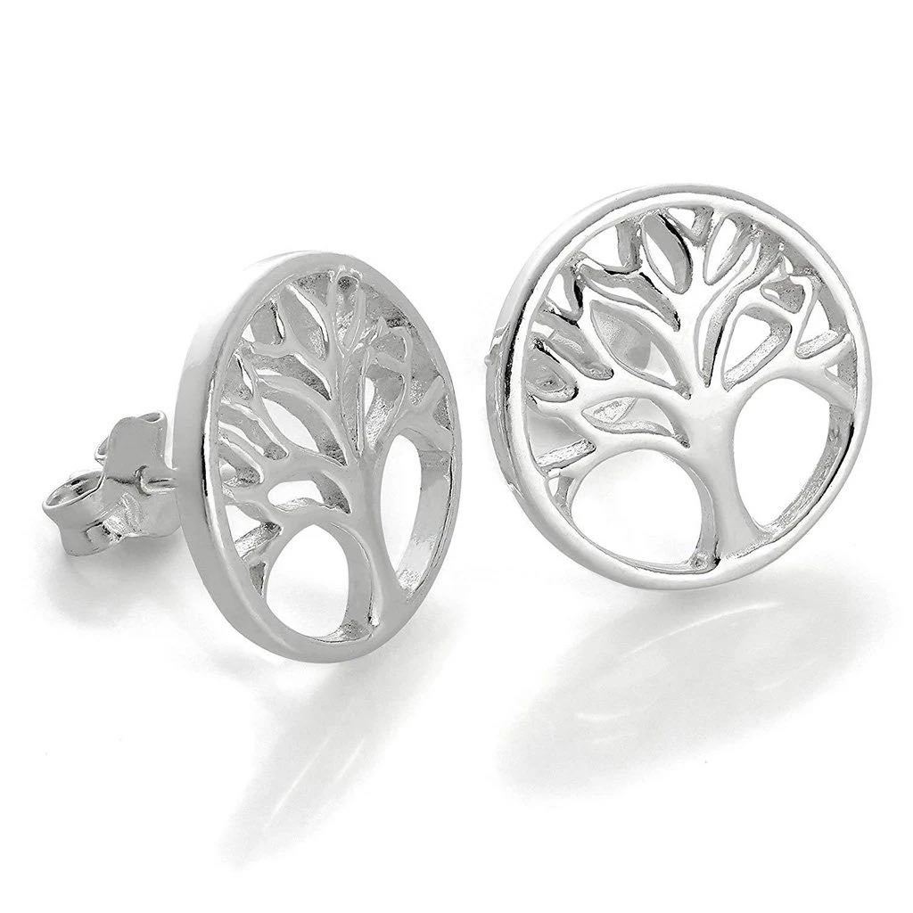 Sterling silver stud earrings featuring the tree of life