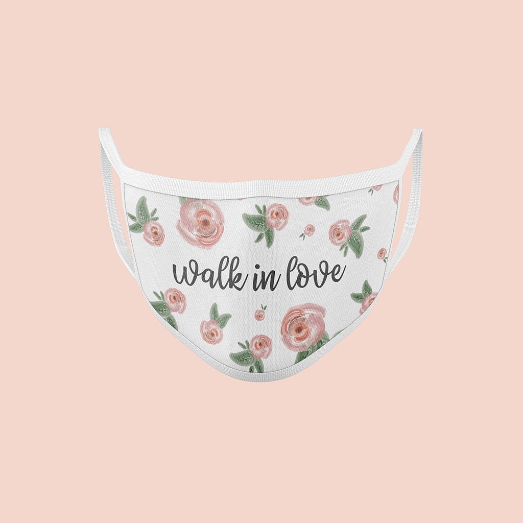 Washable two layer cotton mask with flowers and "walk in love" design